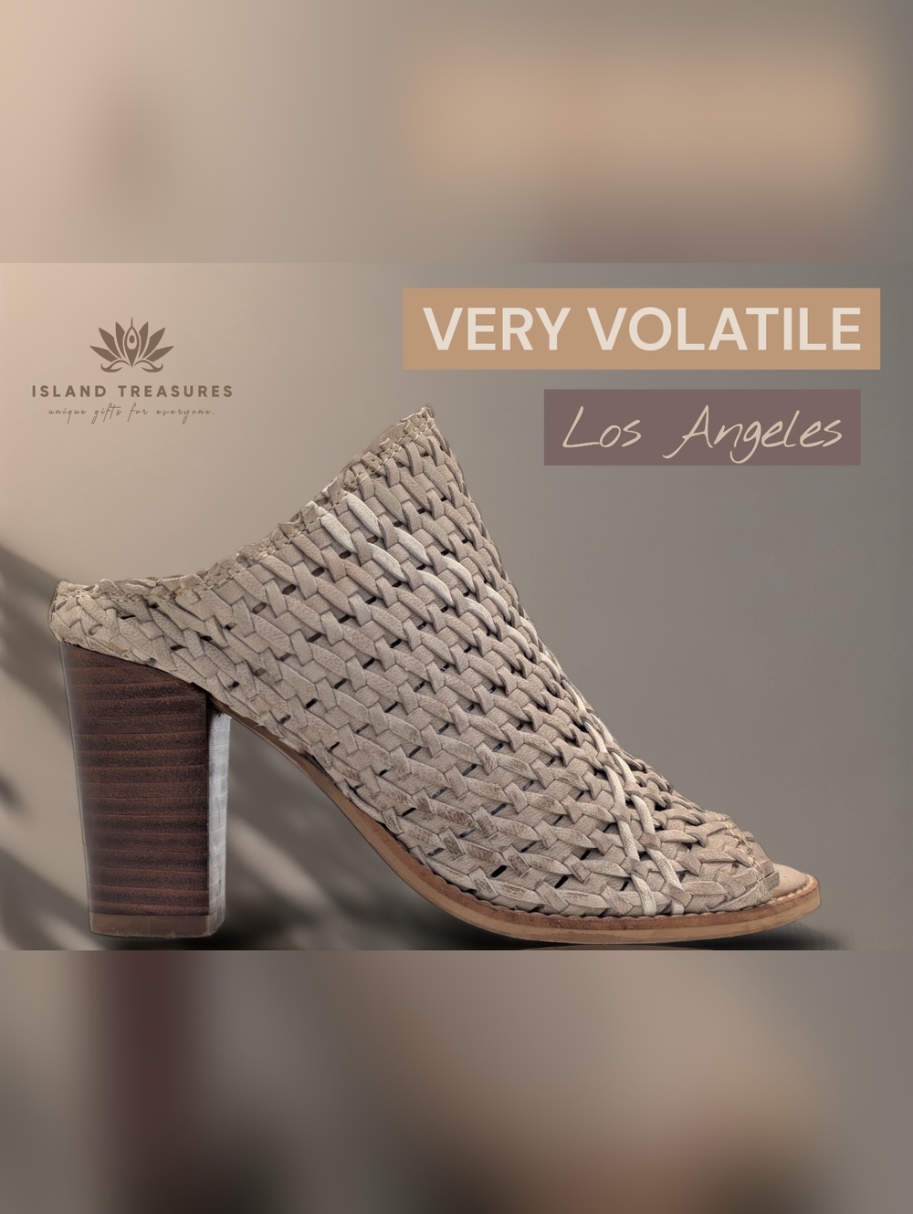 Very Volatile Sz 7 Artisan-Woven Taube-Beige Peep-Toe Mule Wood-Tone Block Heels